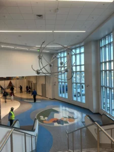Flights to the Seven Continents suspended stainless steel sculpture, Fresno Yosemite International Airport